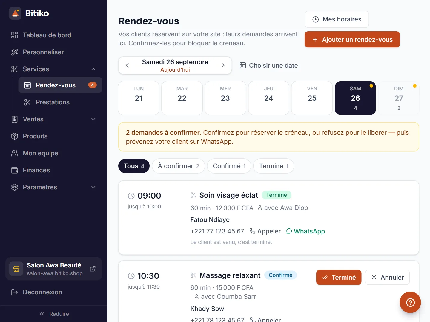 Agenda des rendez-vous du salon avec demandes à confirmer
