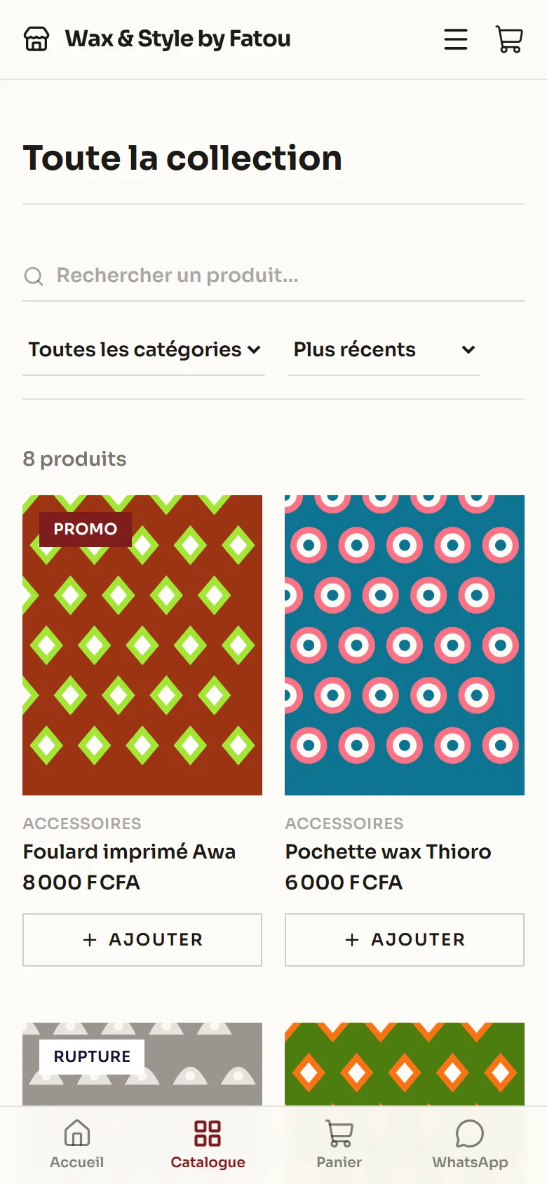 Catalogue de vêtements et accessoires sur téléphone