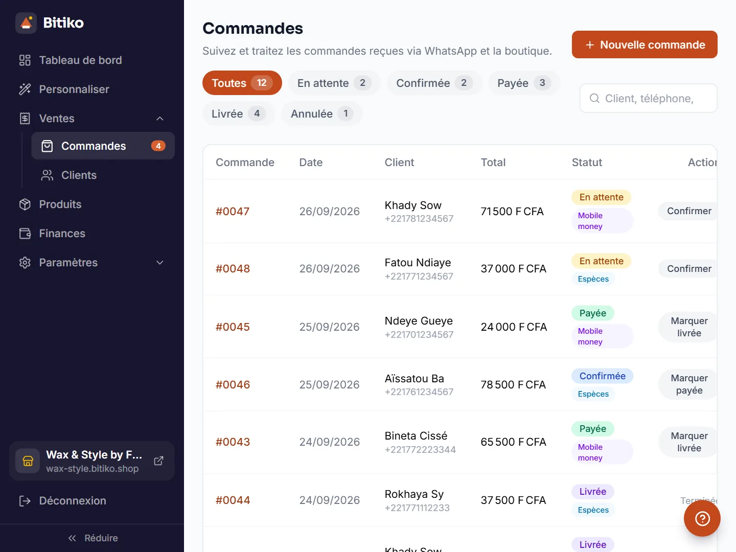 Suivi des commandes et de leur statut